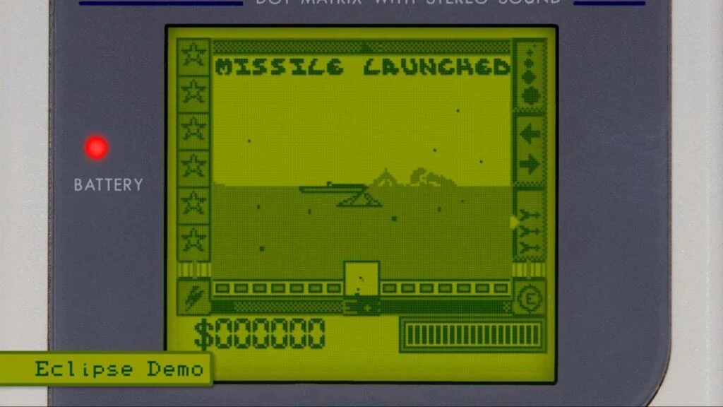 Eclipse Game Boy demo showing a wireframe scene and the words Missile Launched