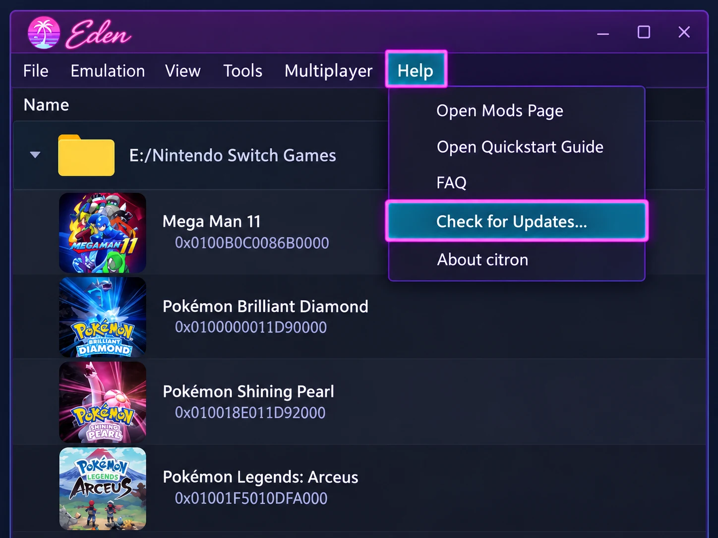 Eden Emulator Help menu showing Check for Updates