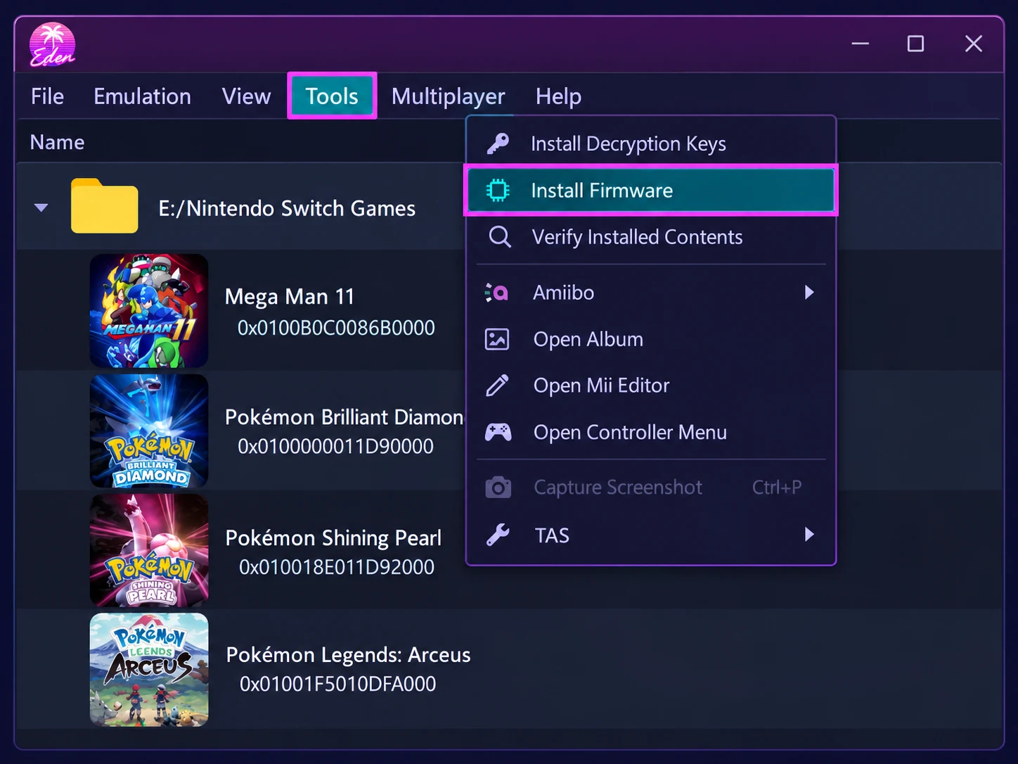Eden Emulator Tools menu showing Install Firmware