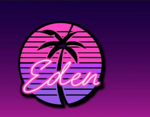 Eden emulator logo with a pink and purple sunset and palm tree
