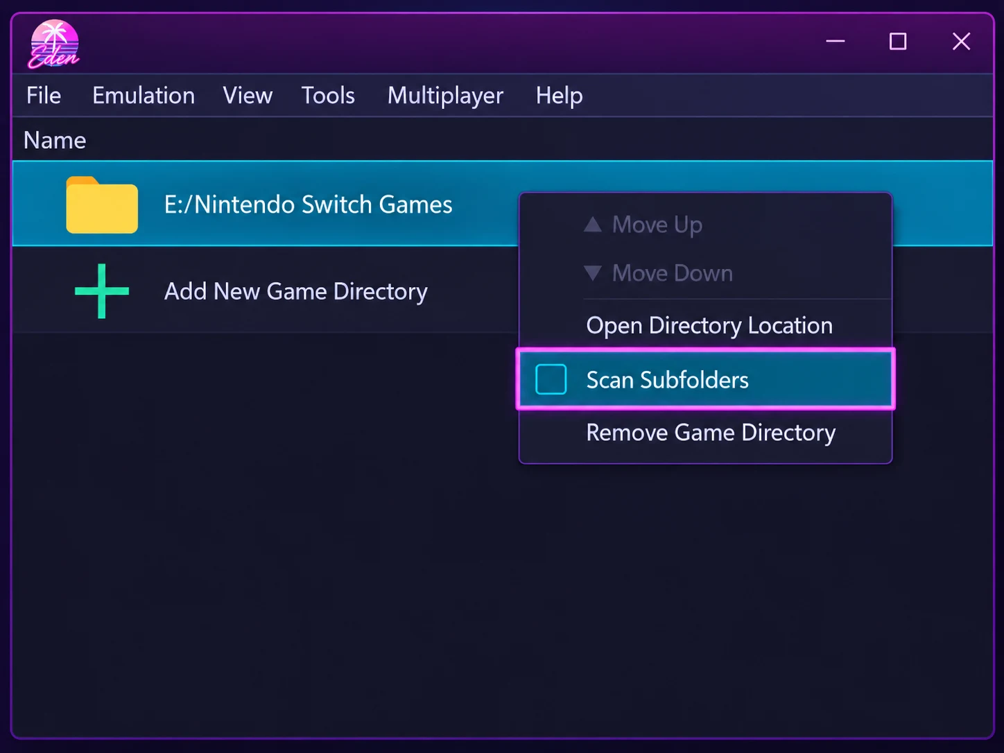 Eden Emulator Scan Subfolders option