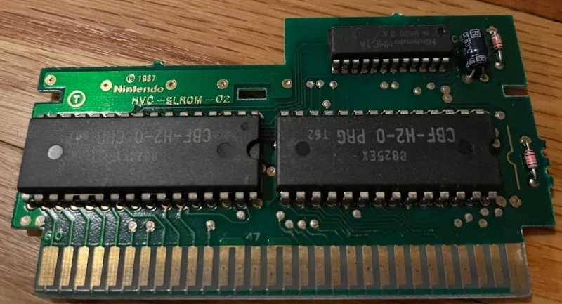 Famicom cartridge circuit board showing program and character ROM chips
