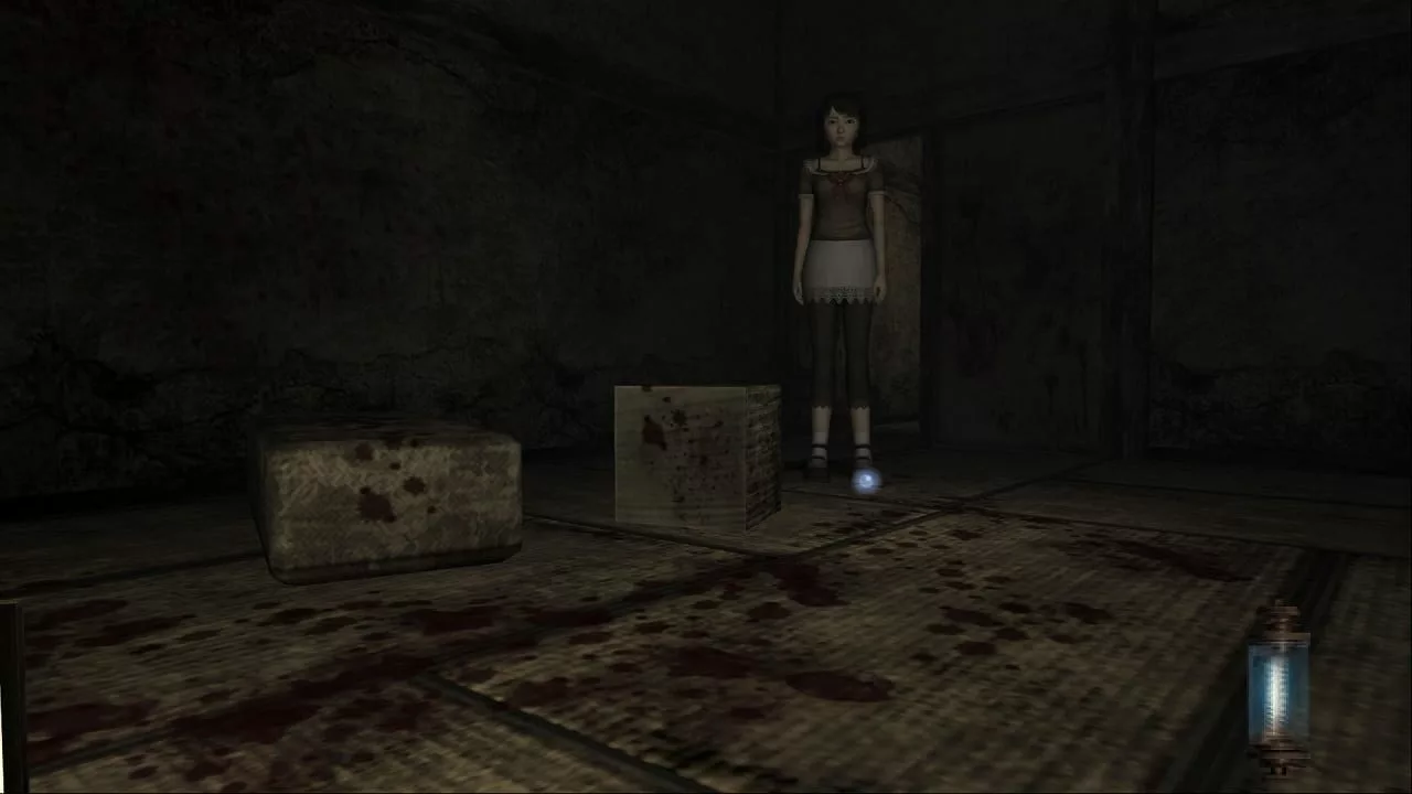 Mio explores a dark room in Fatal Frame II: Crimson Butterfly.