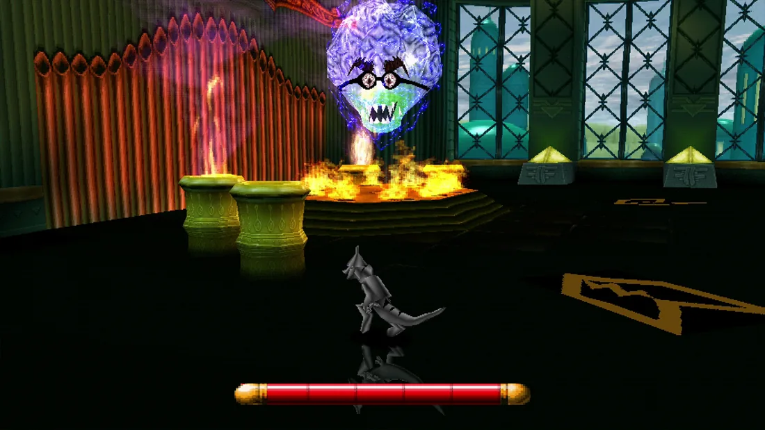 Armored Gex facing a floating ghostly boss beside organ pipes in Deep Cover Gecko
