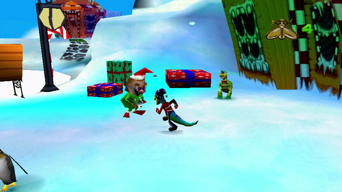 Gex exploring a snowy holiday world in Deep Cover Gecko as shown in GEX Trilogy