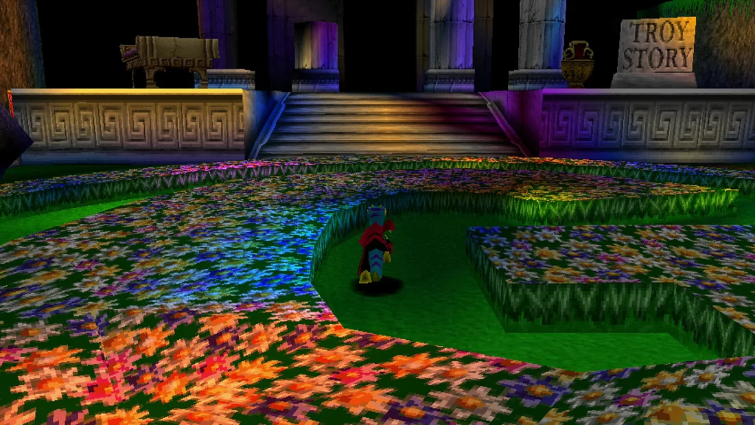 Gex running through a colorful 3D cartoon landscape in Enter the Gecko