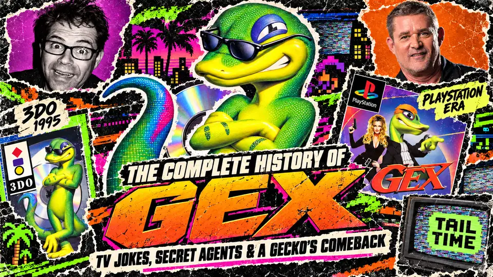 Gex history cover with original game artwork, Dana Gould and Glen Schofield in a distressed retro magazine collage