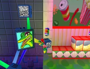 Young gecko exploring a bright television-themed room in the 2001 Gex Jr prototype