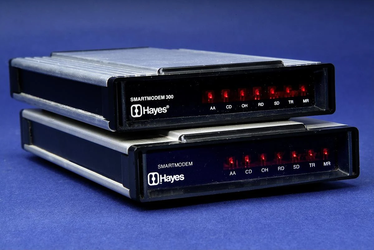 Two Hayes Smartmodem units stacked together