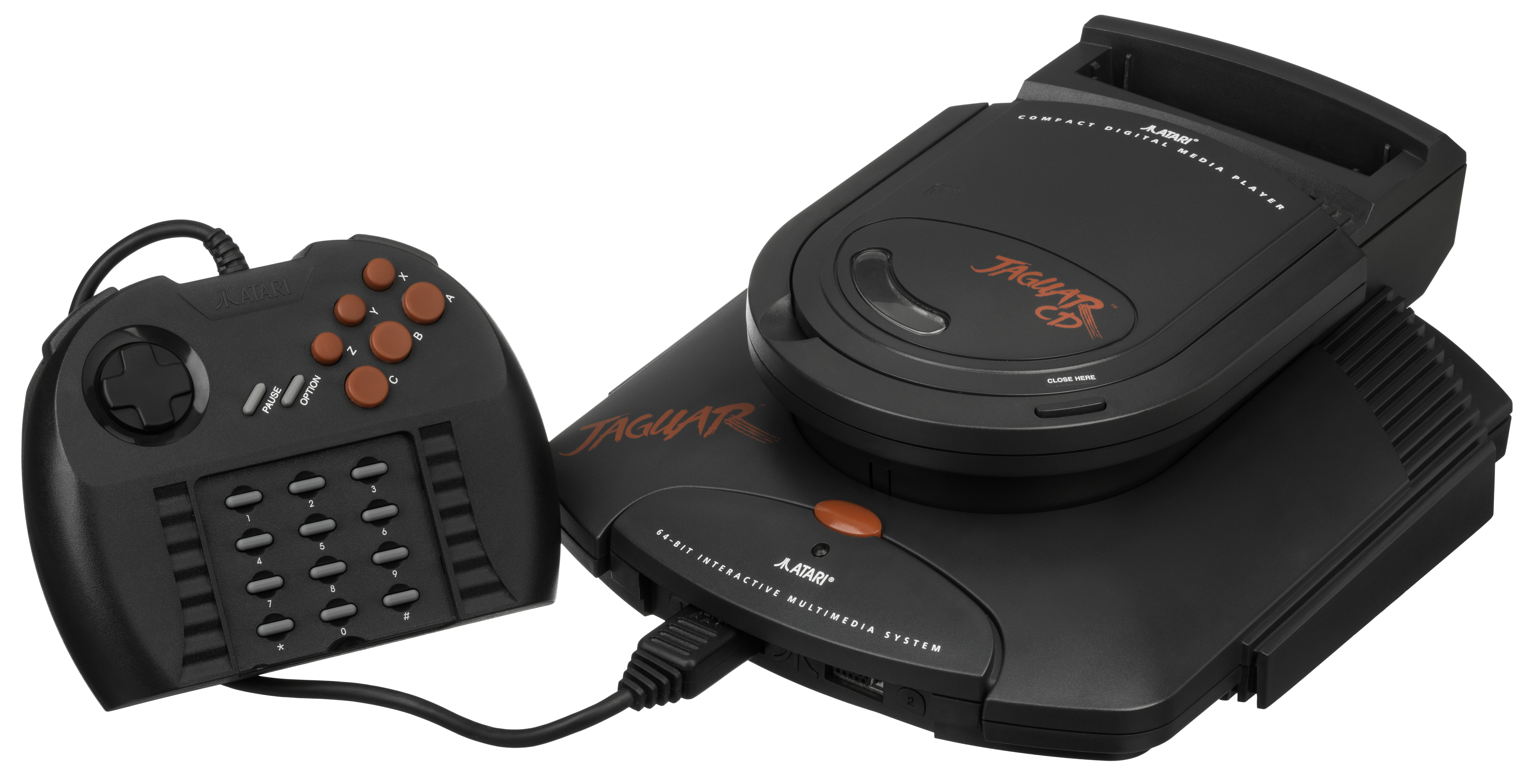 Atari Jaguar CD drive mounted above the base Jaguar console beside a ProController