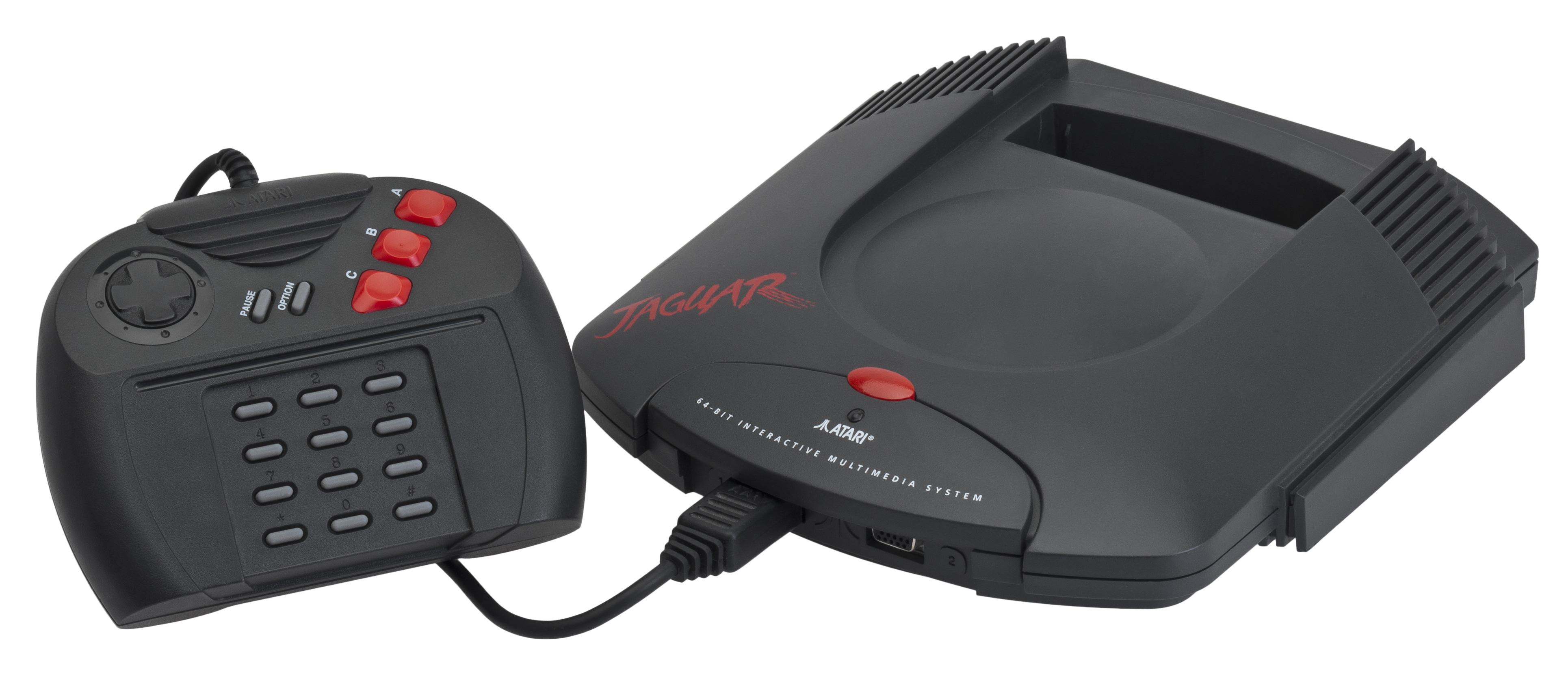 Black Atari Jaguar console next to its original gray controller