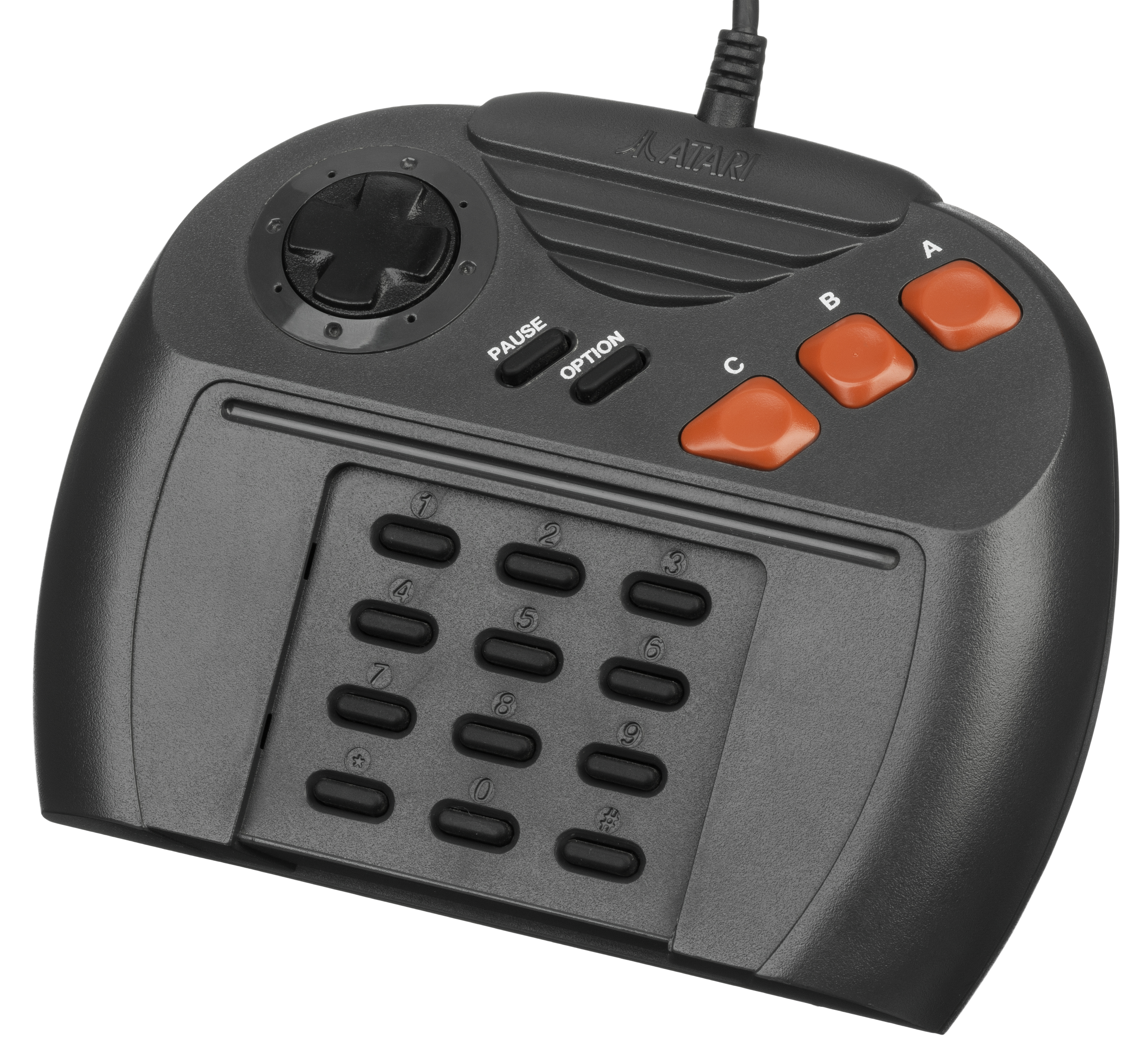Atari Jaguar controller showing its D-pad, three red action buttons, and twelve-key keypad
