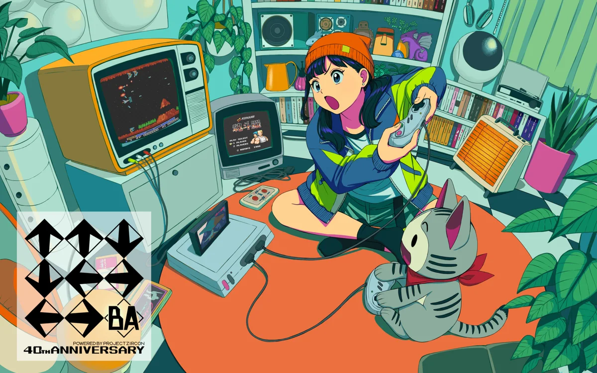 Konami’s fortieth-anniversary illustration shows a player surrounded by controllers and screens displaying classic Konami games