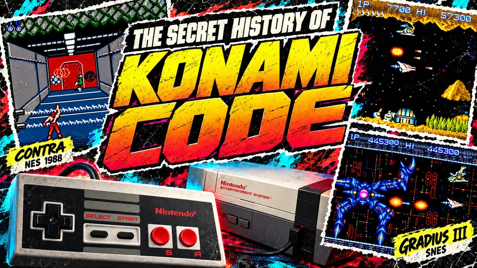 The Secret History of the Konami Code cover with an NES controller and real Contra and Gradius screenshots