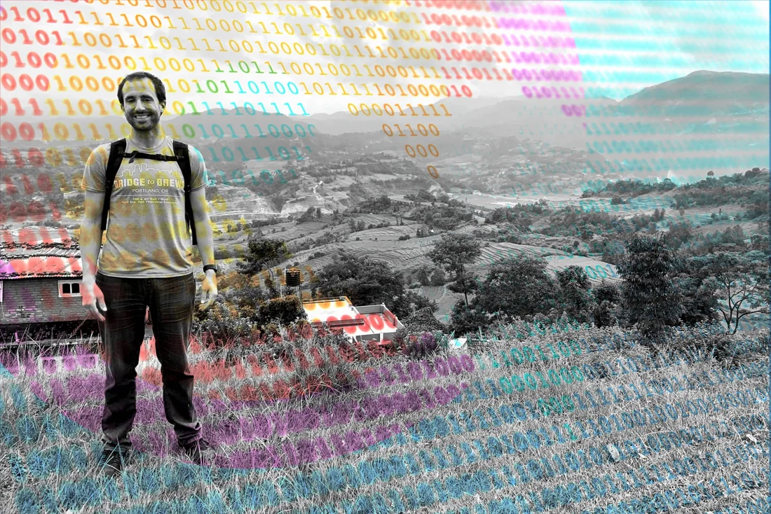Web developer George Mandis outdoors in a photograph with a colorful binary-number overlay