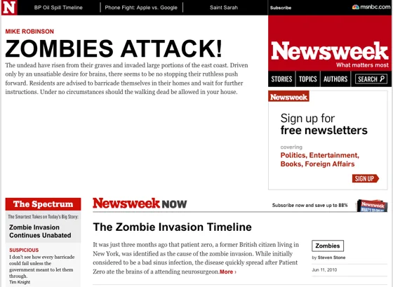The Newsweek website displays Zombies Attack and Zombie Invasion headlines after its 2010 Konami Code Easter egg