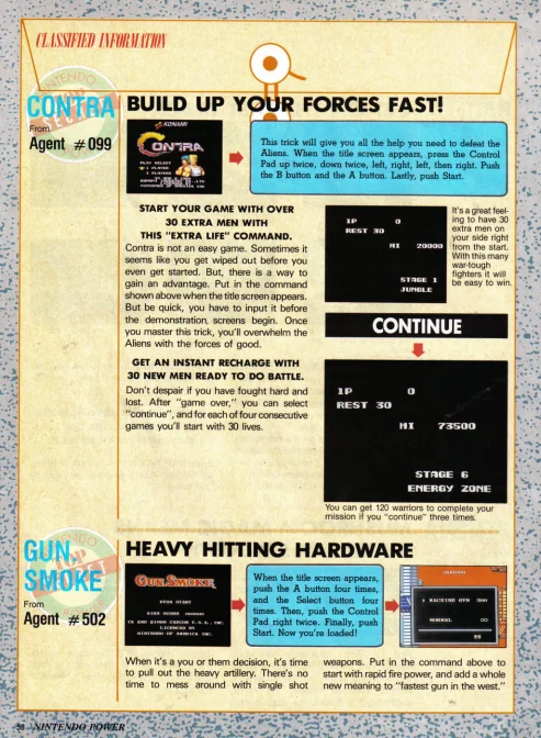 Nintendo Power July and August 1988 page 58 displaying Contra’s thirty-life code and a separate Gun.Smoke tip