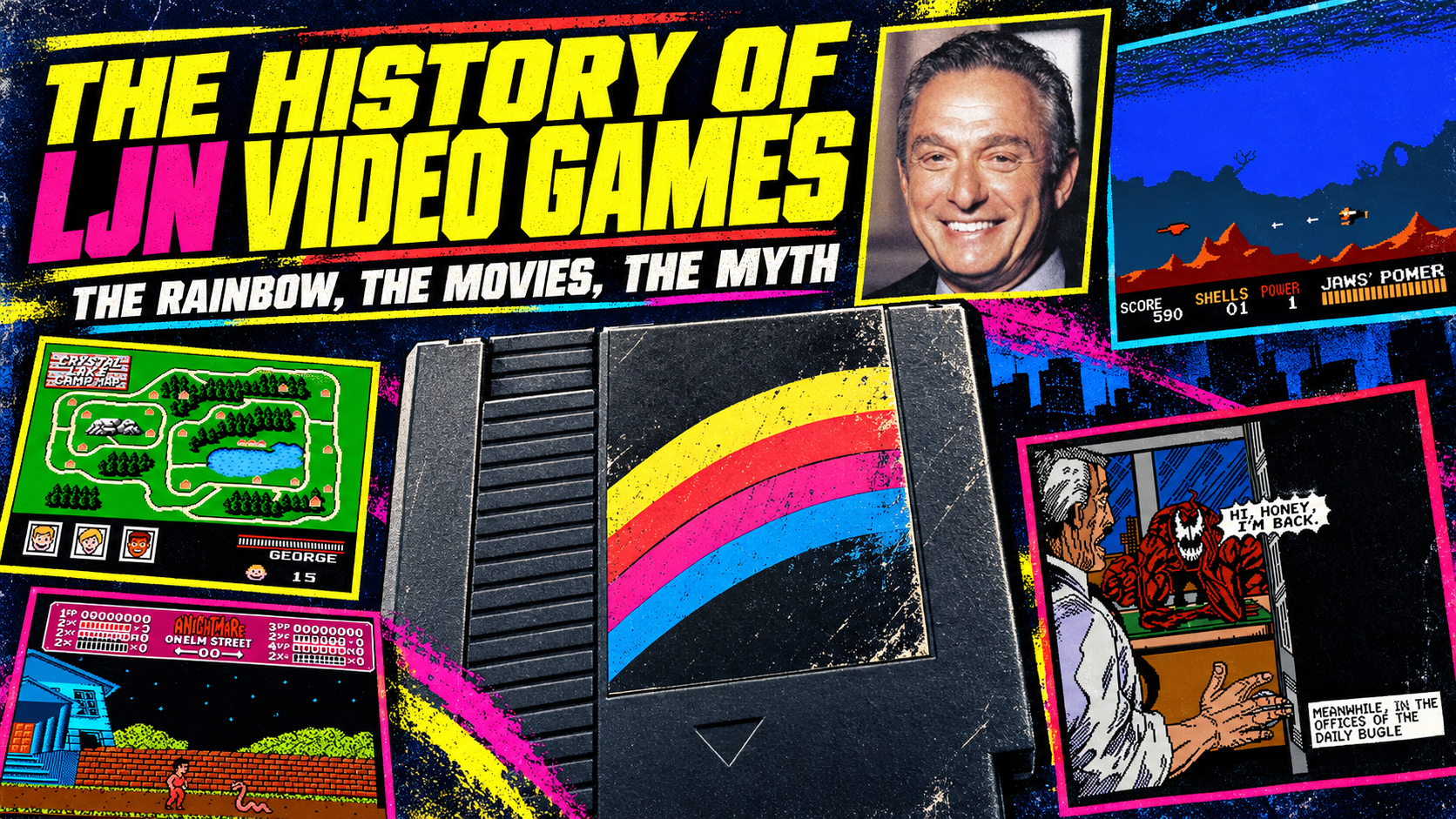 Editorial cover for the history of LJN video games with Jack Friedman portrait and authentic game screenshots