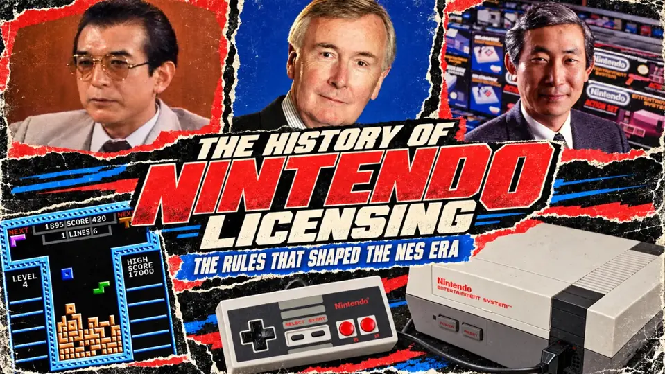 Nintendo licensing history cover featuring Hiroshi Yamauchi, Howard Lincoln, Minoru Arakawa, the NES, and Tengen Tetris