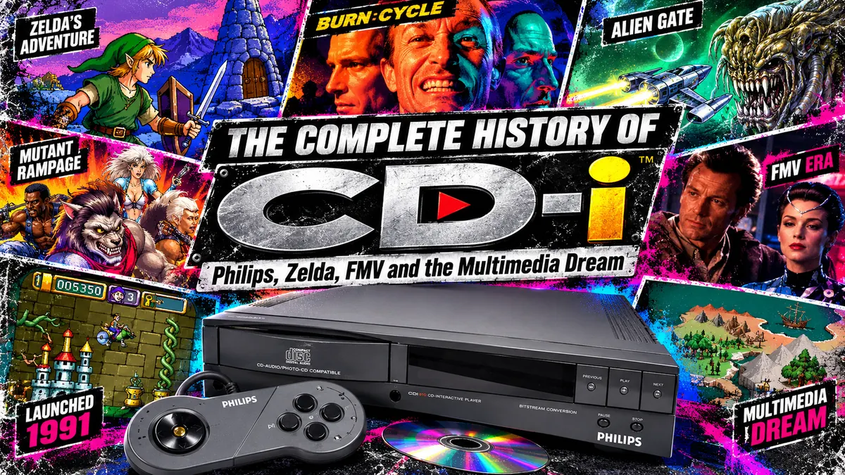 Philips CD-i history collage featuring the CD-i console, Zelda games, Burn:Cycle, Alien Gate, Mutant Rampage, and other multimedia-era titles.