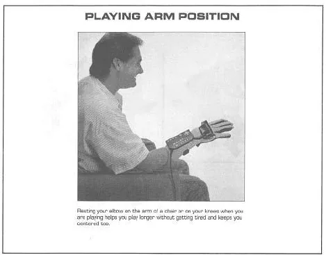 Power Glove guide showing a seated player resting his elbow on a chair or knee