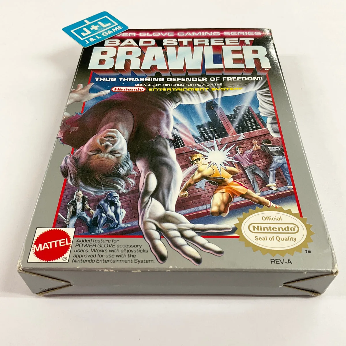 NES Bad Street Brawler box displaying Mattel and Power Glove Gaming Series branding