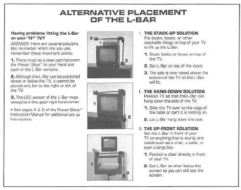 Power Glove guide diagrams showing sensor bars supported with books and hung from furniture