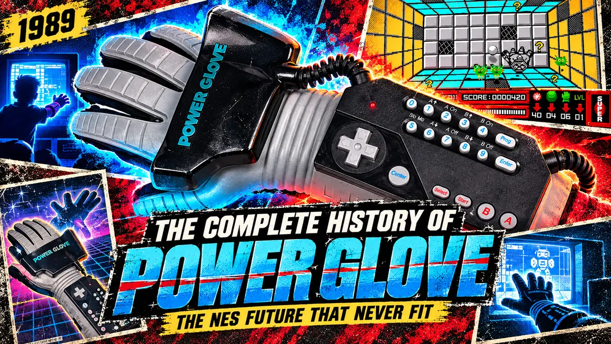 The complete history of the Power Glove cover with a real Mattel glove and Super Glove Ball screen in a bold retro collage