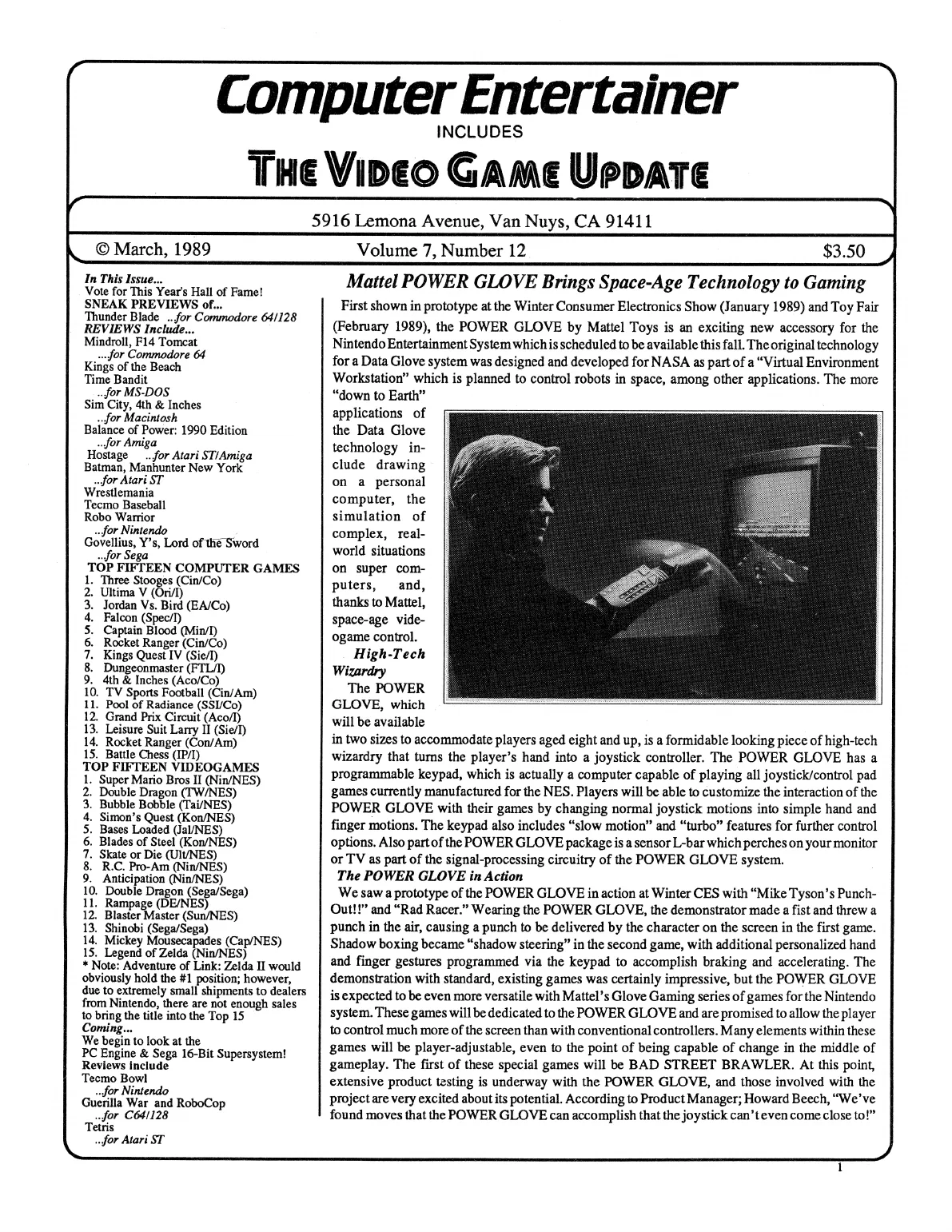 March 1989 Computer Entertainer front page reporting on Mattel's upcoming Power Glove
