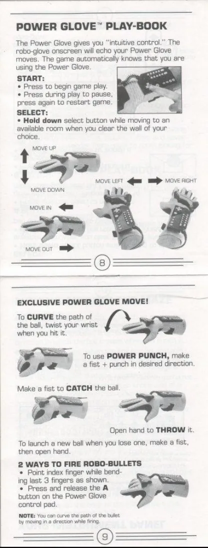 Super Glove Ball manual showing catching throwing curving and punching with the Power Glove