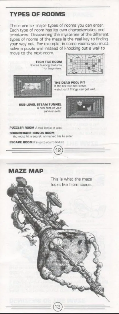 Super Glove Ball manual illustrating different rooms and a branching maze map