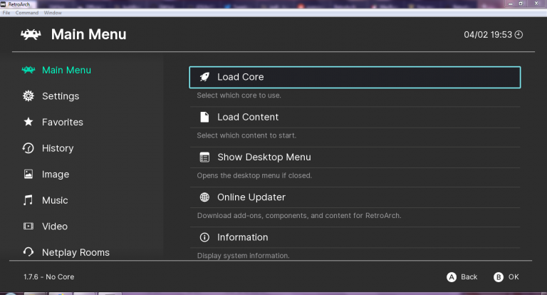 RetroArch’s Ozone menu in an older desktop build