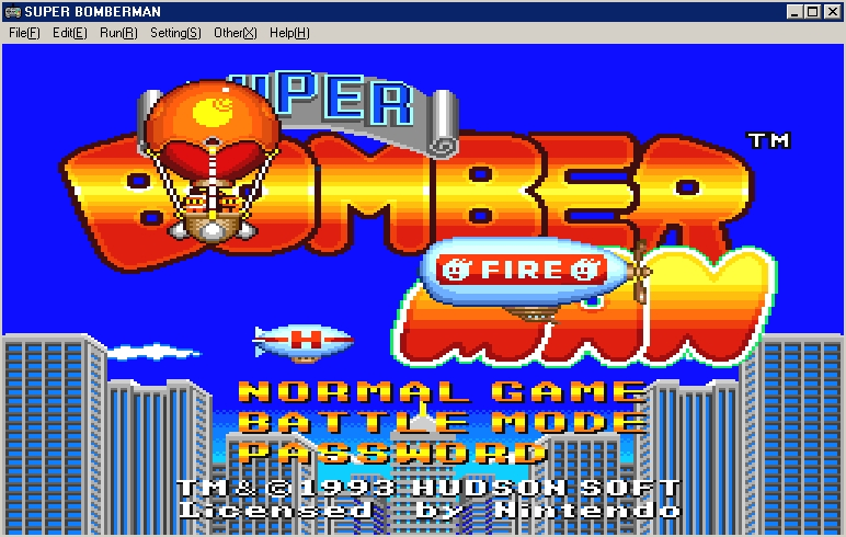 Super Bomberman title screen in Super Pasofami