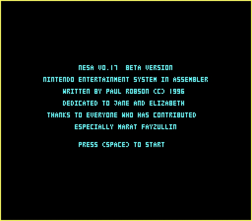 NESA 0.11 beta title and credits screen naming Paul Robson