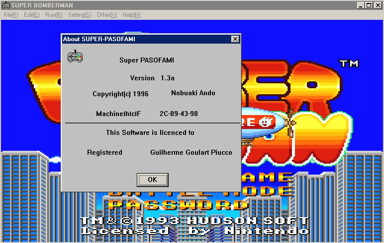 Super Pasofami 1.3a About panel over Super Bomberman
