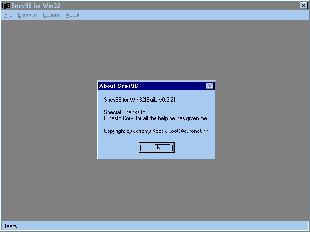 Snes96 Win32 build 0.3.2 About dialog crediting Jerremy Koot