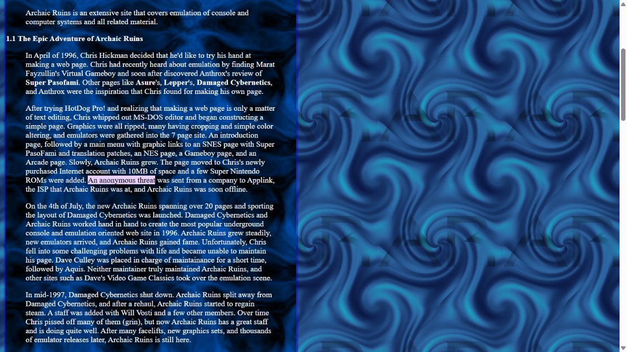 Archaic Ruins FAQ recounting the threat to its host and July 4 relaunch