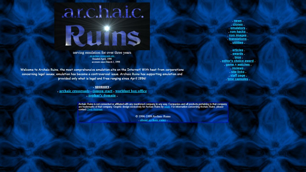 Later Archaic Ruins homepage with its extensive menu