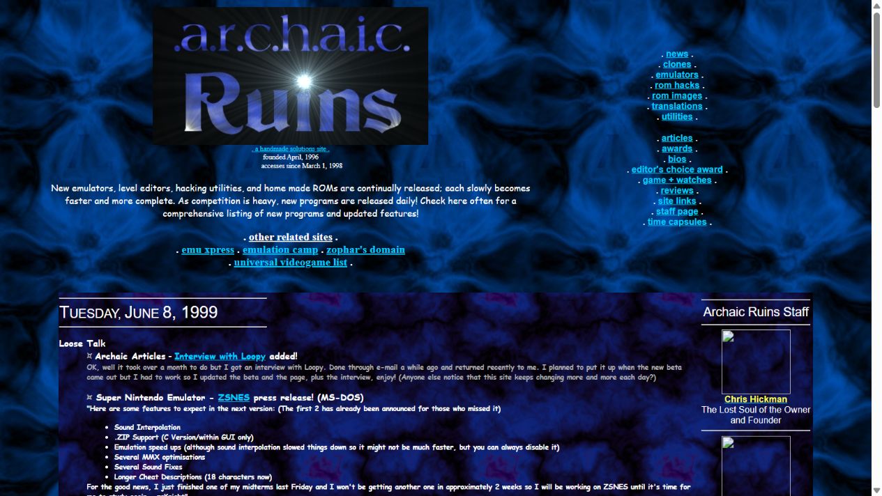 Archaic Ruins later homepage with staff and news