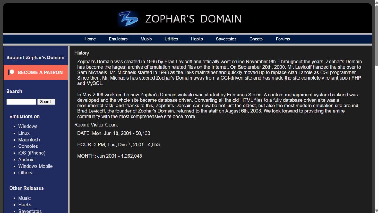 Zophar’s Domain About page confirming its November 9 1996 launch