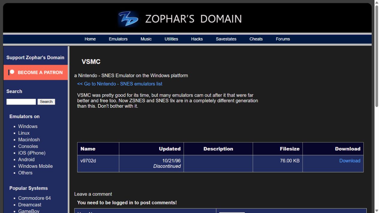 Zophar’s later VSMC catalog entry
