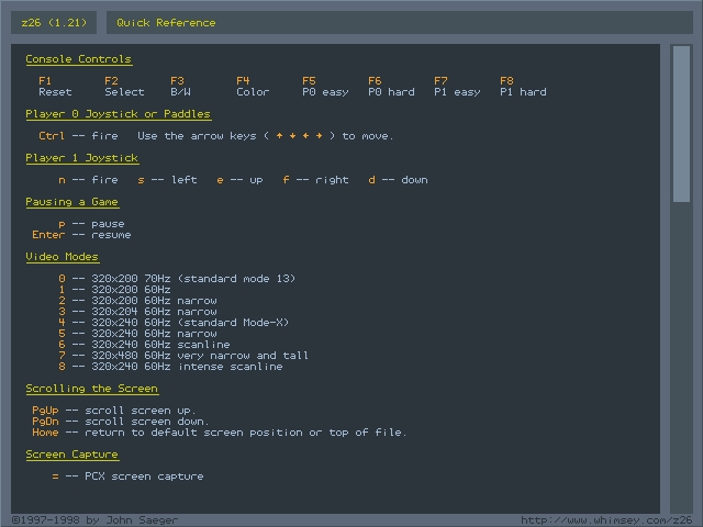 Later z26 v1.21 quick-reference screen