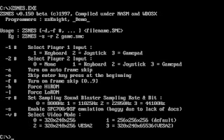 ZSNES 0.150 DOS help screen, the first public release dated October 14, 1997.