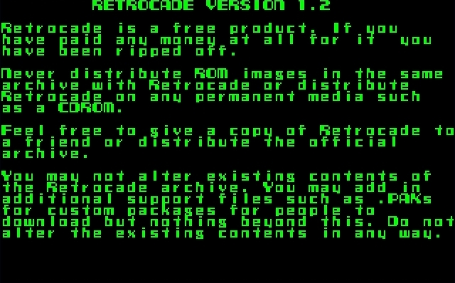 Later Retrocade 1.2 information screen