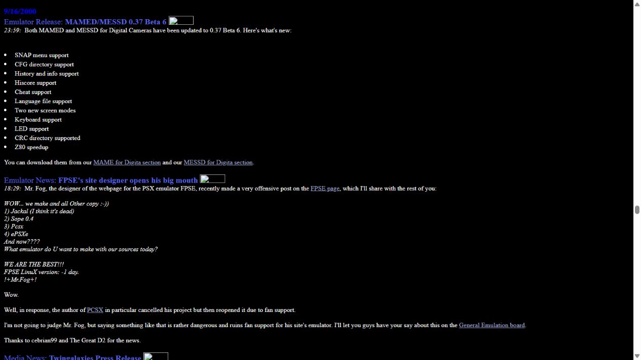 Screenshot of Zophar’s Domain September 16, 2000 FPse dispute report and PCSX response