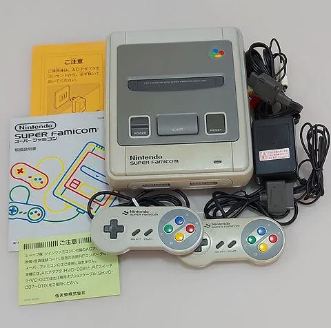 Nintendo Super Famicom console, controllers, manual and retail box