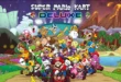 Super Mario Kart Deluxe promotional artwork showing Mario and the expanded cast racing through icy and volcanic landscapes