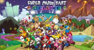 Super Mario Kart Deluxe promotional artwork showing Mario and the expanded cast racing through icy and volcanic landscapes