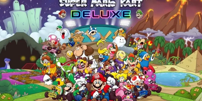 Super Mario Kart Deluxe promotional artwork showing Mario and the expanded cast racing through icy and volcanic landscapes