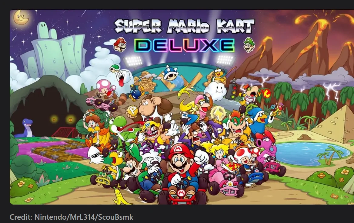 Super Mario Kart Deluxe promotional artwork showing Mario and the expanded cast racing through icy and volcanic landscapes